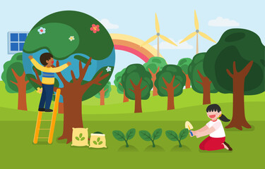 Children help to plant trees on happy earth day vector