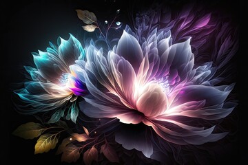 Fantasy luminous flowers beautiful floral background. Generative AI