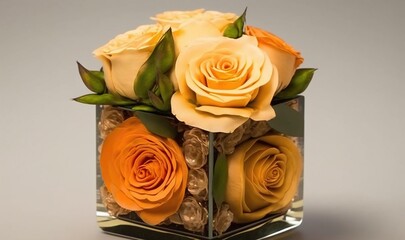  a square vase filled with yellow and orange flowers on top of a table.  generative ai