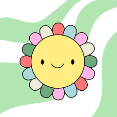 Smiling daisy with colorful petals cartoon character. Groovy sticker in trendy retro style. Nostalgia for the 90s.