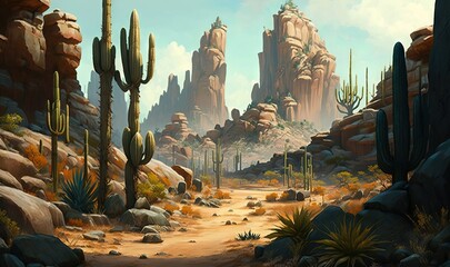 a painting of a desert scene with rocks and cacti.  generative ai