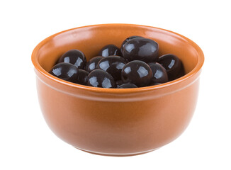 Olives black watered with olive oil in a bowl isolated on a white background