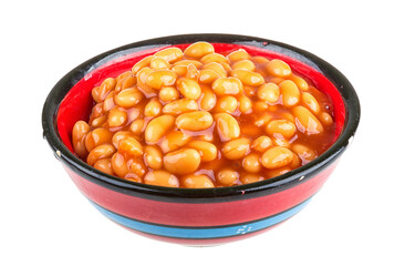 Marinated haricot beans in tomato sauce with shallots on a plate