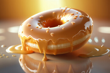 Yellow donut topped with caramel icing, glazed doughnut close-up with sprinkles, crumbs. Unhealthy high-calorie food. Image is AI generated. - obrazy, fototapety, plakaty