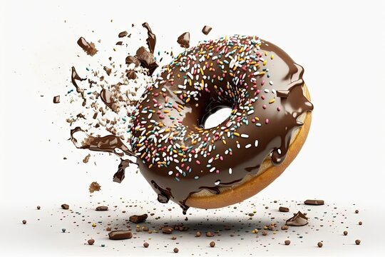 Flying frosted sprinkled chocolate donut. Generative AI