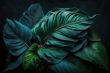 Cannifolium spathiphyllum leaf, dark green abstract surface, tropical leaves, natural background. Generative AI