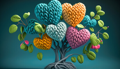 Generative AI illustration of a Creative Colorful Knitted Hearts-Shaped Plant on Blue Background