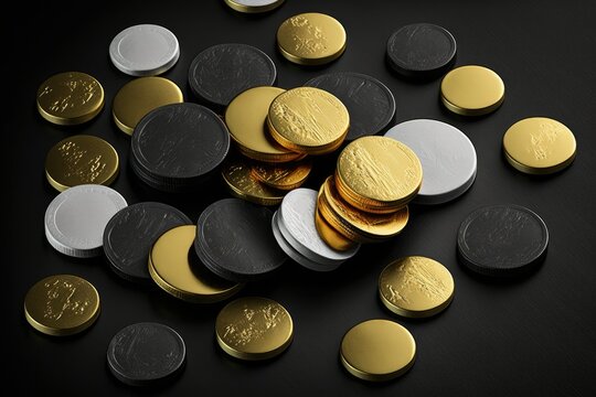 A large quantity of rouleau gold currency or change coins, on a grey background, as a still life. Generative AI
