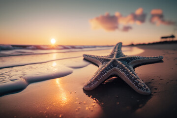 Naklejka na ściany i meble starfish on the beach at sunset, ia generativa