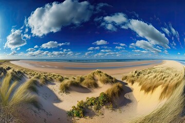 Fototapeta na wymiar North Sea beach and dunes in the background of a panoramic landscape banner bathed in blue sky, clouds, and sunlight. Generative AI