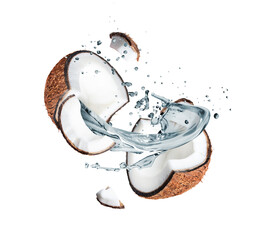 Crushed coconut into two halves with juice splashes close up in the air isolated on a white...