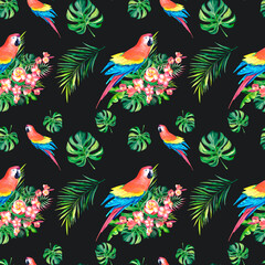 A pattern of tropical macaws. Watercolor illustration. Monstera. Plumeria. Home decoration. Rainforest.