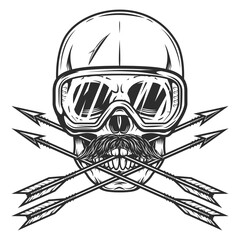 Skull with mustache in safety glasses and vintage hunting arrow in monochrome style isolated vector illustration. Design element for label or sign and emblem