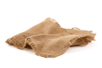 Fototapeta na wymiar Old burlap fabric napkin, sackcloth piece isolated on white background.