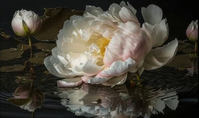  a white and pink flower sitting on top of a body of water.  generative ai