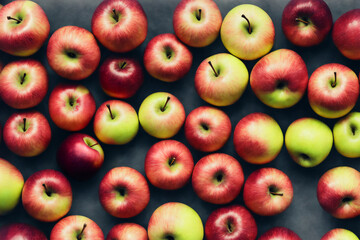 Red and Green Soft Apples background, Top View on gray table, Generative AI
