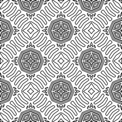  Monochrome ornamental texture with smooth linear shapes, zigzag lines, lace pattern.Abstract geometric black and white pattern for web page, textures, card, poster, fabric, textile.