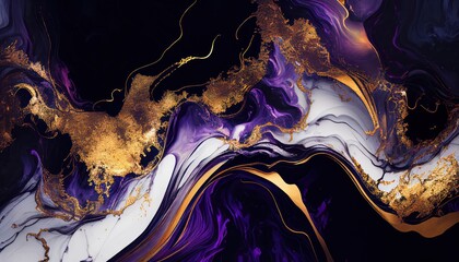 Abstract dark magenta marble texture with gold splashes, violet luxury background