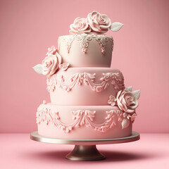 Big and sweet wedding cake on a pink background. Generative AI.