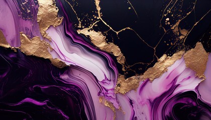 Abstract dark purple marble texture with gold splashes, violet luxury background