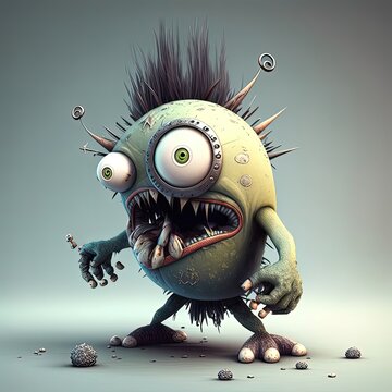 A small creepy yellow monster looks scary, in a cartoon style on a blue background. Two eyes, fantasy creature, teeth, spikes, high resolution, art, generative artificial intelligence