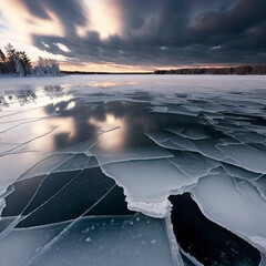 Ice frozen lake on winter. Generative AI.