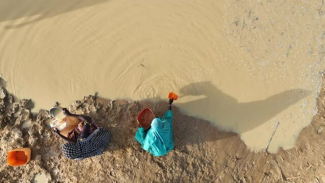 People Carrying Water From Swamp In Africa.