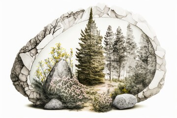 Concave rock with a forest of fir trees inside. Floral pattern in a garden, framed in white. Landscape shrub used for aesthetic purposes. An artistic compositional clipping mask. Generative AI
