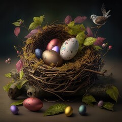 Easter eggs with flowers in a bird's nest on a background of leaves. Weekends, holidays, religion, christianity, natural light, high resolution, art, generative artificial intelligence