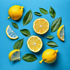 Lemons slices on a blue background. Generative AI.