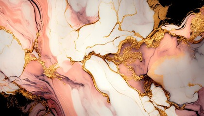 Abstract pink marble texture with gold splashes, rose luxury background
