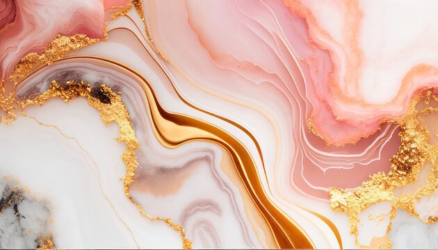 Abstract pink marble liquid texture with gold splashes, rose luxury background © Alina