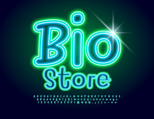 Vector glowing Signboard Bio Store. Neon handwritten Font. Modern Alphabet Letters, Numbers and Symbols.