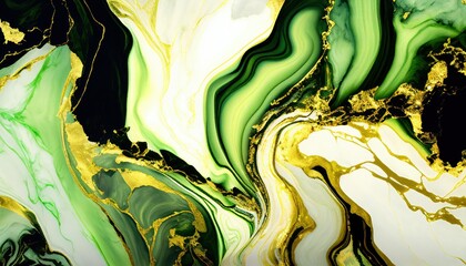 Abstract green marble texture with gold splashes, green luxury background