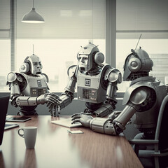 Robots in a work meeting. Generative AI.