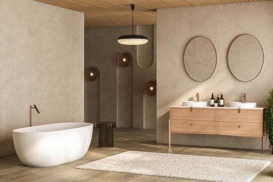 Beige bathroom interior with double sink and mirror, carpet on hardwood floor, bathtub, plants. Bathing accessories in hotel studio. 3D rendering