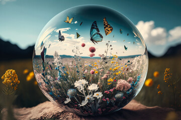 Blick durch eine Glaskugel, Feld mit wilden Blumen und Schmetterlingen, View through glass sphere,...