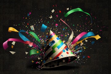 Party ribbons fly out of a party hat and confetti on a black background. Festive atmosphere, birthday, high resolution, art, generative artificial intelligence