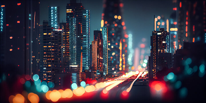 Glowing futuristic Night city skyscrapers with neon lights. AI gnerated illustration