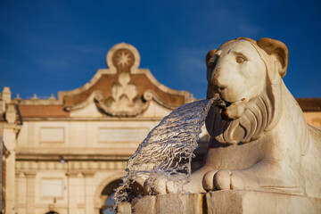 Marble egyptian lion from People Square central fountain in the center of Rome (erected in 1823),...