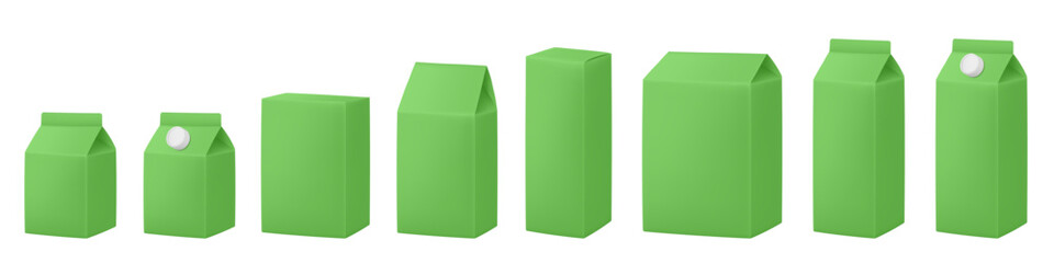 Fototapeta premium Green boxes for dairy products. Blank cardboard package boxes mockup. Box set. Set of juice or milk cardboard package. Vector mockup set. Realistic carton package with cap.