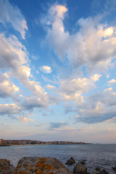 sunrise at the sea. gorgeous seaside scenery with clouds on the sky. vacation in sozopol