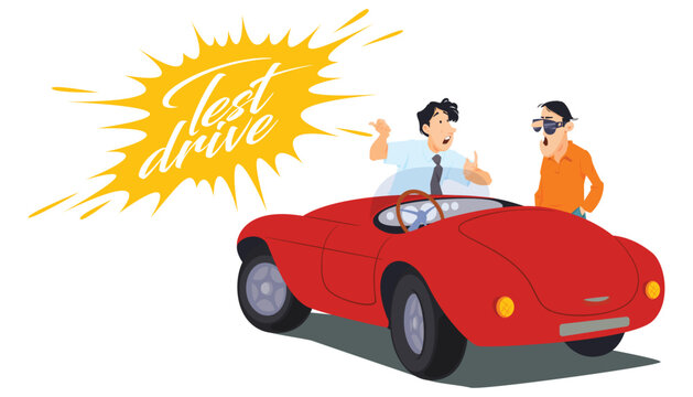 Sales manager invites man to test drive car. Illustration for internet and mobile website.