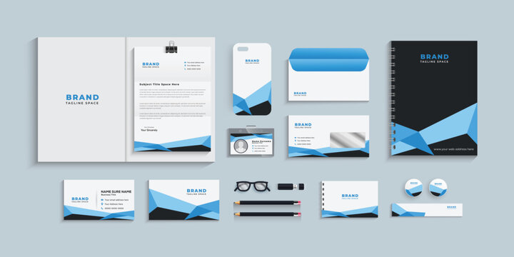 Corporate identity template. Business stationery set with geometric elements. Corporate identity mock-up set includes of letterhead,folder, envelope, identity card, and visiting card.