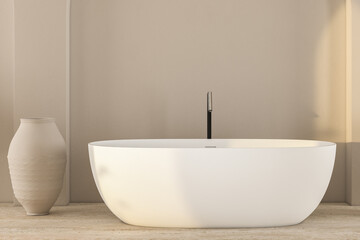 Beautiful white bathtub in beige bathroom with black faucet and empty vase, sun rays on wall. 3d rendering