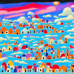 Fototapeta na wymiar AI-generated illustration of a colorful painting of a village