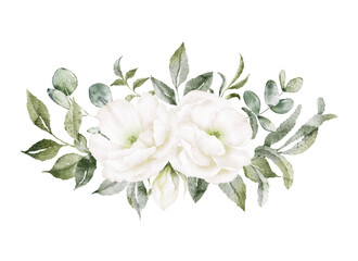 Watercolor floral elements-Bouquet of white flowers, collection garden peony, rose, green leaves, branches, botanic illustration isolated on white background for wedding design.