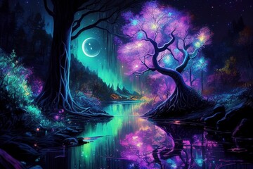 Fantasy of neon light forest glowing colorful like fairytale Created with Generative AI technology.
