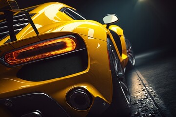 High gloss yellow generic sports car in a dark studio background illustrated with generative AI
