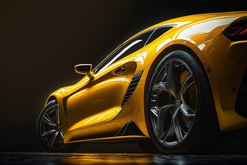 Generic yellow exotic sports car in a dark studio background illustrated with generative AI